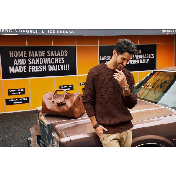 Men's Crewneck Knit Cozy Sweater Pullover Coffee Brown Casual Textured Size S-XL - Picture 3 of 7